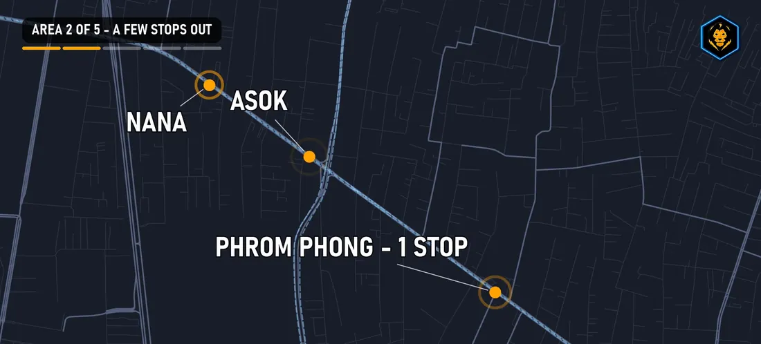 Map of Bangkok's Sukhumvit line: Phrom Phong is one stop from Asok, Nana is on the other side