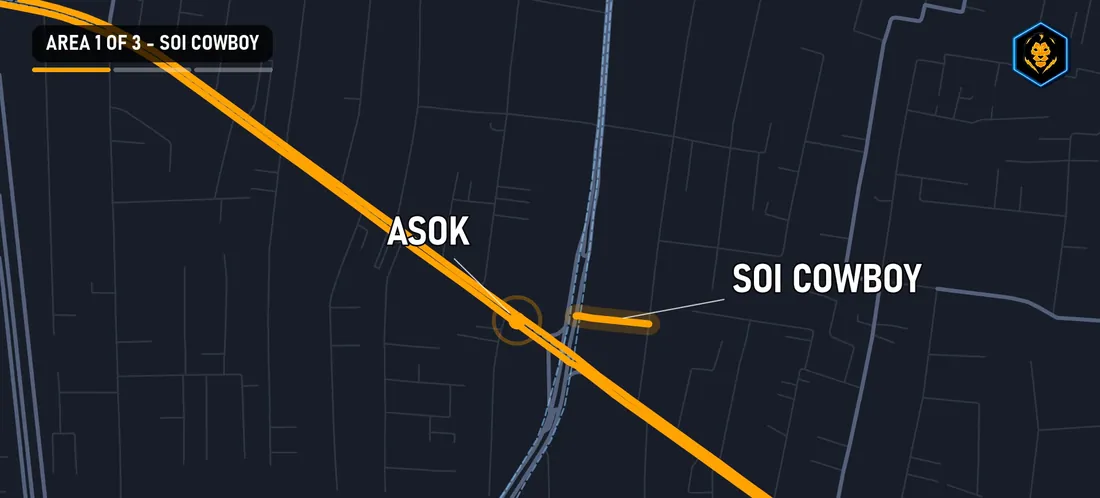 Map of Soi Cowboy in Bangkok, right at the Asok intersection on Sukhumvit Road