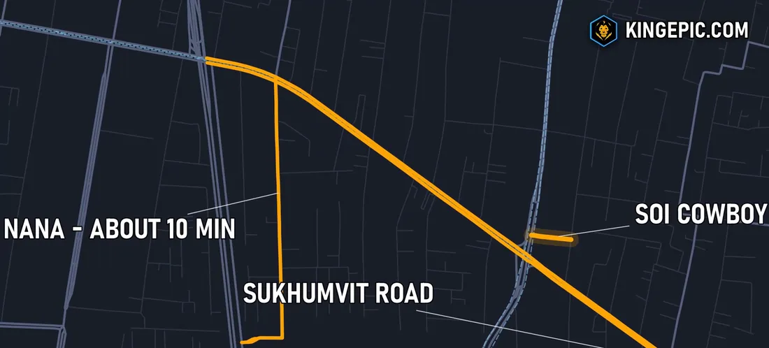 Map of the walk from Soi Cowboy along Sukhumvit Road to Nana in Bangkok, about 10 minutes