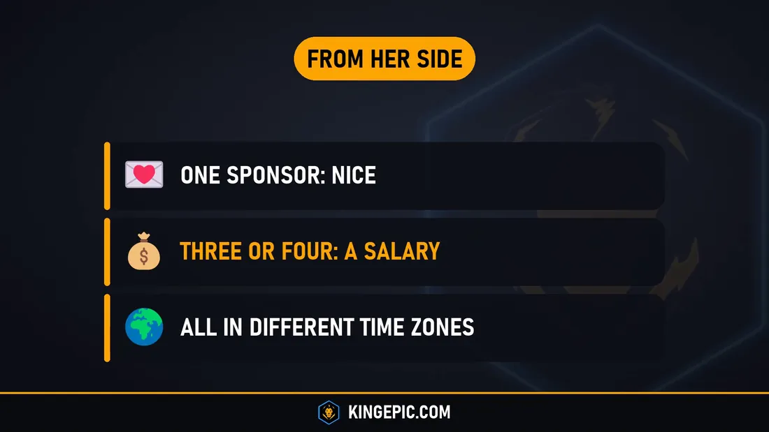 Sponsors from her side: one sponsor is nice, three or four are a salary, all in different time zones